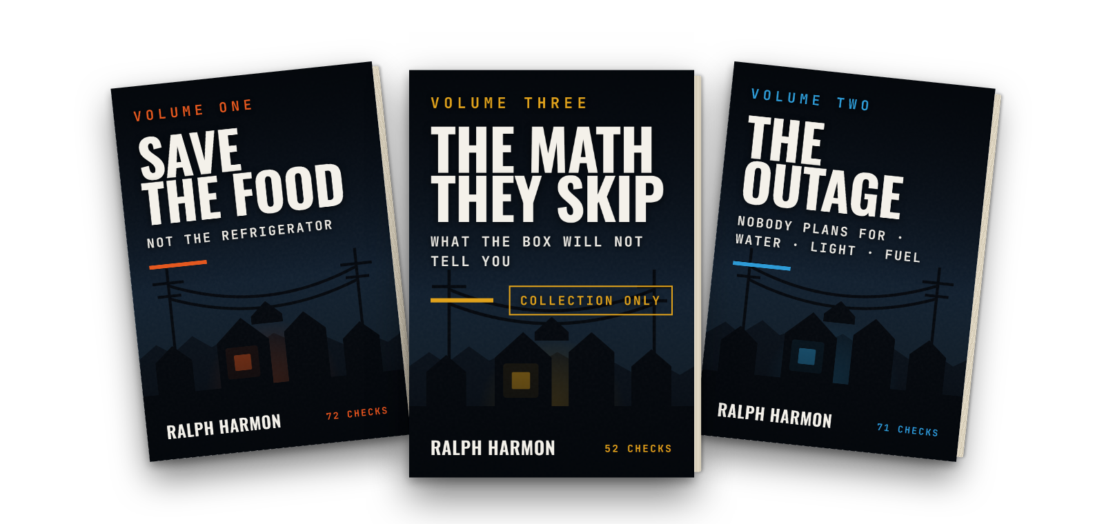 The three volumes fanned out, with The Math They Skip center-forward.